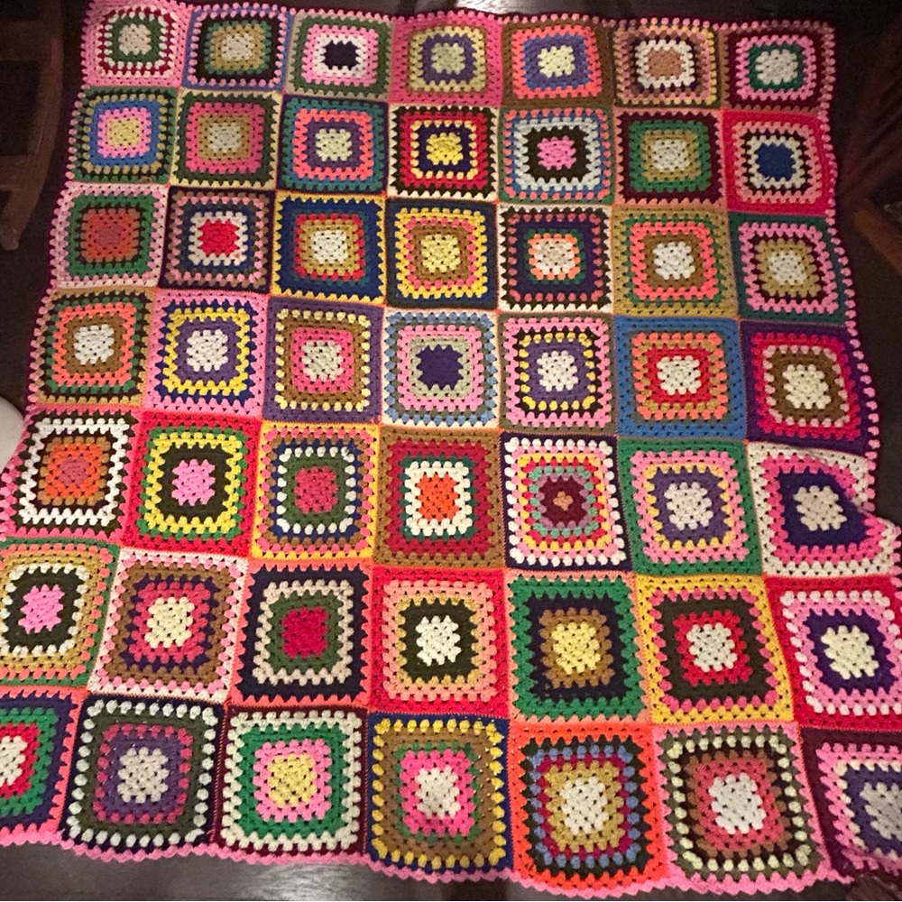 Colorful Crochet Granny Square Blanket with matching pillow cases!